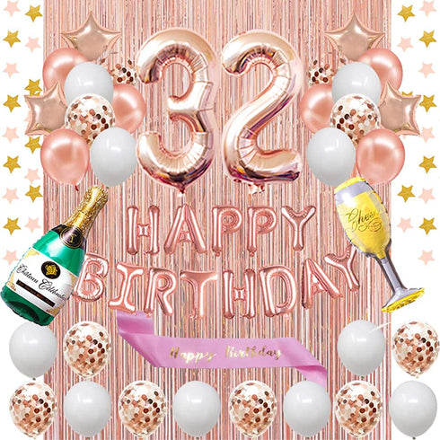 Fancypartyshop 32nd Birthday Decorations - Rose Gold Happy Birthday Banner and Sash with Number 32 Balloons Latex Confetti balloons Ideal for Girl and Women 32 Years Old Birthday Rose Gold