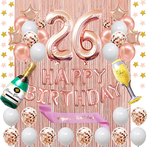 Fancypartyshop 26th Birthday Decorations - Rose Gold Happy Birthday Banner and Sash with Number 26 Balloons Latex Confetti balloons Ideal for Girl and Women 26 Years Old Birthday Rose Gold