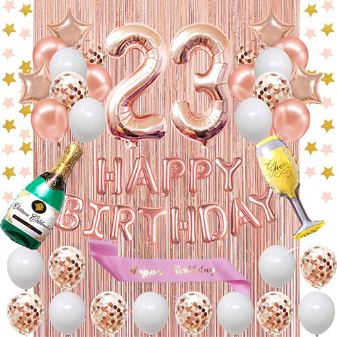 Fancypartyshop 23rd Birthday Decorations - Rose Gold Happy Birthday Banner and Sash with Number 23 Balloons Latex Confetti Balloons Ideal for Girl and Women 23 Years Old Birthday Rose Gold