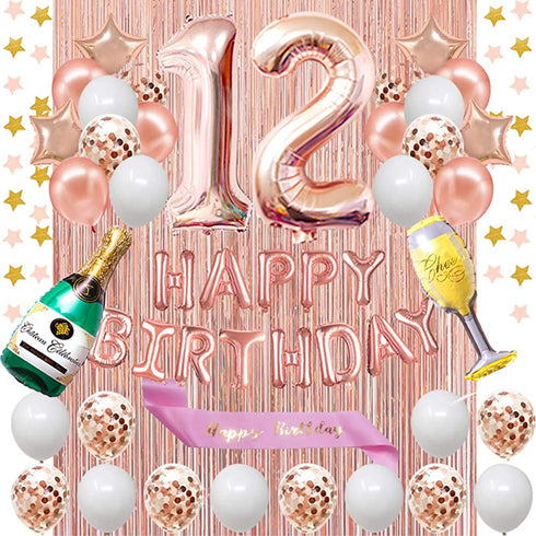 Fancypartyshop 12nd Birthday Decorations - Rose Gold Happy Birthday Banner and Sash with Number 12 Balloons Latex Confetti balloons Ideal for Girl and Women 12 Years Old Birthday Rose Gold