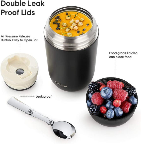 DaCool Insulated Food Jar 24 oz Insulated Lunch Container Keep Food Hot Cold Warm Stainless Steel Vacuum Hot Food for Adult Women Man Lunchbox Leak Proof Wide Mouth for Office Picnic Outdoors - Black