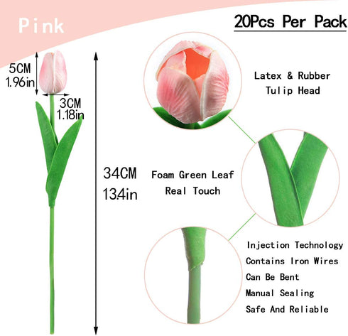 Cloudecor 20Pcs Artificial Tulips Real Touch Artificial Flowers Fake Tulip Latex Bouquet Flower for Wedding Party Home Garden Office DIY Floral Arrangement Decor (Pink - 20p)