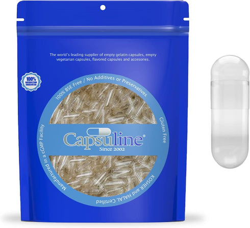 Capsuline Size 0 Gelatin Empty Capsules, 1000 Count, Empty Gel Pill Capsules, DIY Pure Bovine Pill Capsule Filling, Empty Caps, Kosher, Gluten Free and Halal Certified, Non-GMO Certified, Clear