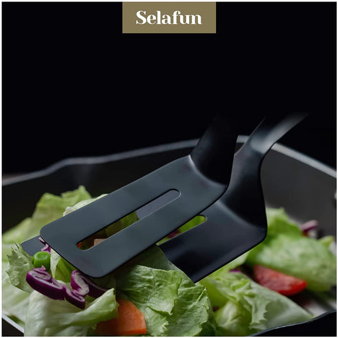 Kitchen Tongs Steak Clamp Bread Tongs 10 inch Double Spatula Tongs Clip Pizza Clamp Stainless Slotted Multi-Function Food Flipping for Bread Eggs BBQ Hamburgers Patties Pancakes (1, Matte Black)