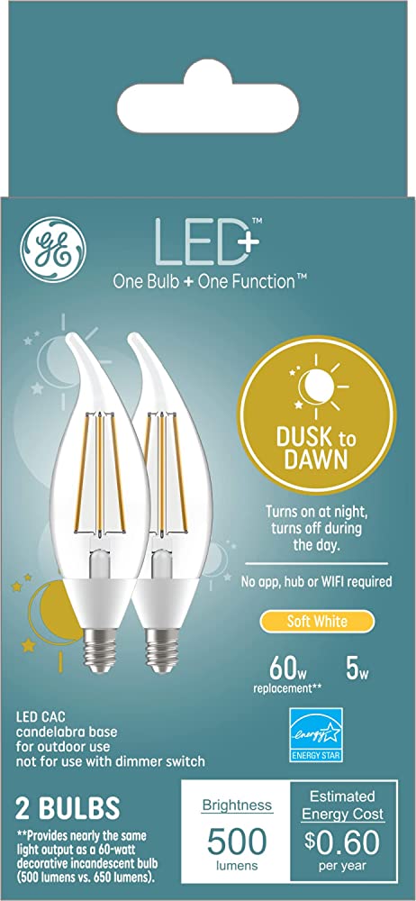 GE Lighting 93121492 LED+ Dusk to Dawn 60-Watt Replacement Candelabra CAC with Built-in Sensor, 2 Count (Pack of 1), Soft White