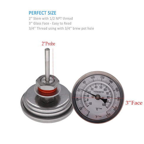 Homebew Weldless Bi-Metal Thermometer Kit, 3"Face & 2"Probe, 1/2"MNPT, 0~220F Degree, Beer Brewing Thermometer, Homebrew Kettle
