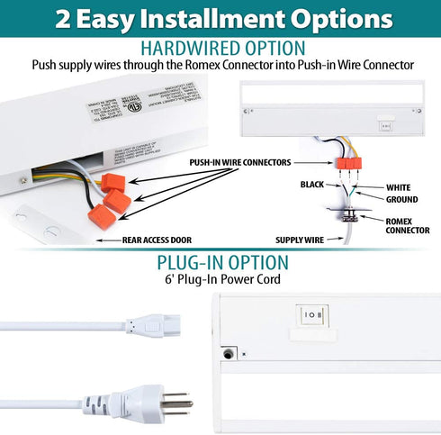 LED Under Cabinet Lighting by NSL - Dimmable Hardwired or Plugged-in Installation - 3 Color Temperature Slide Switch - Warm White (2700K), Soft White (3000K), Cool White (4000K) - 9 Inch White Finish