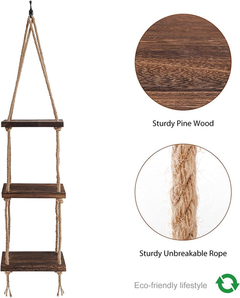 Titanape Hanging Plant Shelf with Jute Rope, 3 Tier Hanging Book Shelves for Kids Room/ Nursery/ Living Room/ Bedroom, Small Bathroom Floating Shelves for Wall Storage, Rustic Wood Shelves for Wall