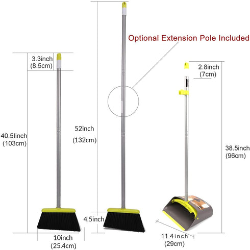 Broom and Dustpan Set, TreeLen Broom with Dust Pan with Long Handle Combo Set for Office and Home Standing Upright Sweep Use with Lobby Broom