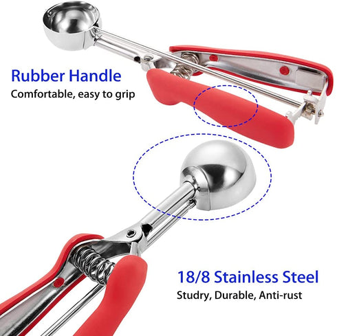 Mini Cookie Scoop, Cookie Dough Scoop, 2 Teaspoons/ 10 ML, 2/3 Tablespoons Spring-Loaded Scoop, Red, 18/8 Stainless Steel, Comfortable Grip