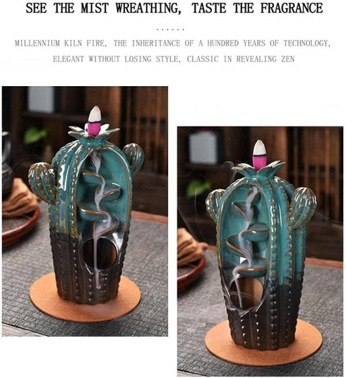 Backflow Incense Burner Cactus-like Waterfall Ceramic Incense Holder- Aromatherapy Ornament with 20 Incense Cones +30 Incense Sticks +1 Mat +1 Tweezer for Home Office Yoga Decor Gift