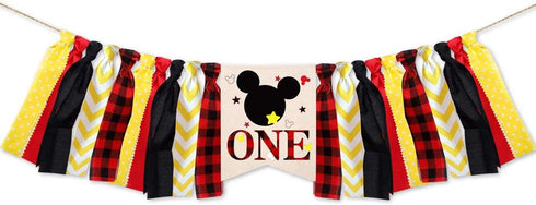 Awyjcas Mickey Mouse 1st Birthday Banner, Handmade First Birthday Highchair Banner Photo Props Party Decorations Supplies Mickey Mouse Cake Topper Hat 3 Pcs