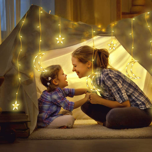Curtain Lights 138 LEDs USB and Battery Powered Moon Star Window Fairy String Lights with 8 Flashing Modes for Bedroom, Home, Garden, Wedding, Christmas Party Decoration2