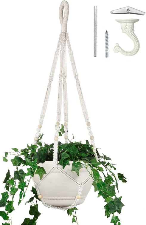 Shineloha 43 Inches Macrame Plant Hanger Large for up to 12 inch Pot Extra Long + Hook | No Tassel, Cotton Rope Hanging Plant Holder with Swag Hook, NO Plant/Pot Included (White)