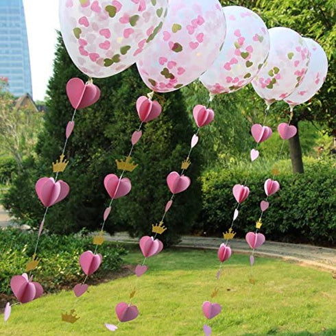 Mybbshower Gold Pink 3D Paper Heart Crown Garland Girl Princess Birthday Party Nursery Room Decor Balloon Tail Pack of 5