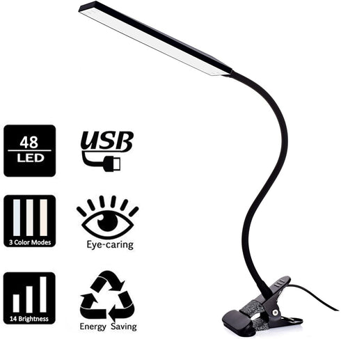 TOPESEL 5W 48 LEDs Dimmable Clip-on Led Desk Lamp, Eye-Care Flexible Gooseneck USB Clamp Reading Lamp, 3 Color Temperature, 14 Brightness Levels Table Lamp, Black