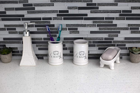 Home Basics, White Le Bain Paris Eiffel Tower 4 Piece Designer Ceramic Bath Accessory Set | Toothbrush Holder, Dispenser, Soap Dish, 1 Tumbler
