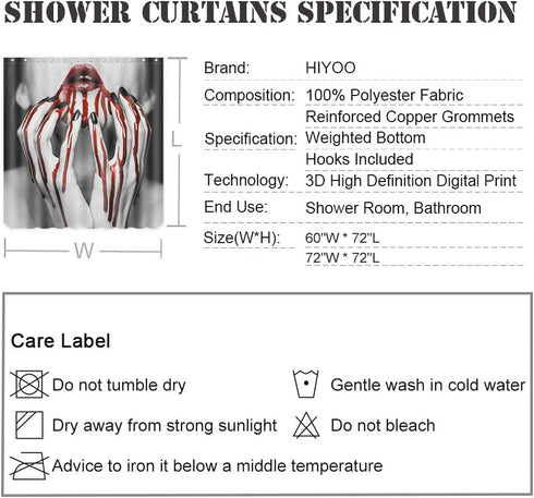 Hiyoo Halloween Horror Scary Bloody Shower Curtain with Hooks, Hallowmas Theme Bathroom Decor Bathtub Waterproof Shower Curtain Sets - Vampire Girl 60" W x 72" L