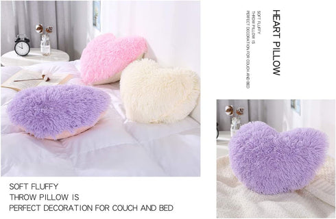 Easter Fluffy Heart Pillow ,Valentines Day Decor Faux Fur Throw Pillow,Sherpa Plush Shaggy, Solid Color, Heart Shape (Purple)