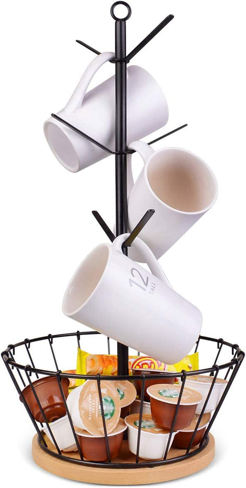 LadyRosian Coffee Cup Holder - Metal Tree Shape Multipurpose Mug Holder with 6 Hooks - Coffee Cup Stand for Counter with Bamboo Base and K Cup Holder Basket - Easy Install Home Storage Rack Holder