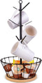 LadyRosian Coffee Cup Holder - Metal Tree Shape Multipurpose Mug Holder with 6 Hooks - Coffee Cup Stand for Counter with Bamboo Base and K Cup Holder Basket - Easy Install Home Storage Rack Holder