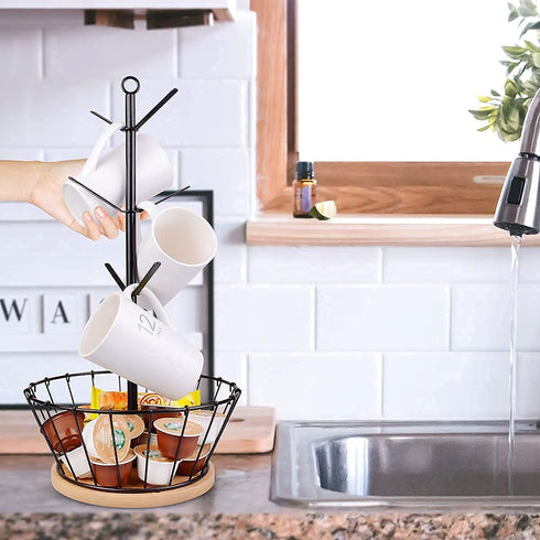 LadyRosian Coffee Cup Holder - Metal Tree Shape Multipurpose Mug Holder with 6 Hooks - Coffee Cup Stand for Counter with Bamboo Base and K Cup Holder Basket - Easy Install Home Storage Rack Holder