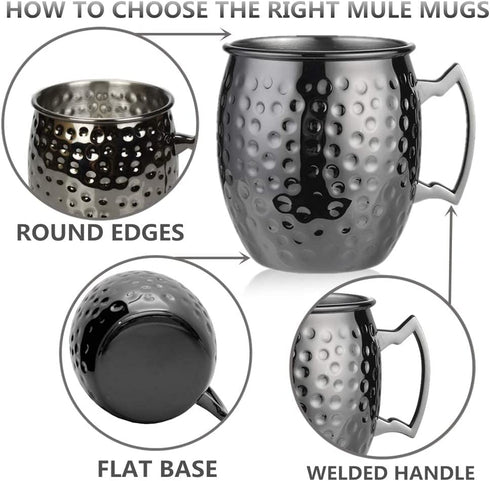 Moscow Mule Mugs Set of 2 - Black Plated Hammered Mugs 18 oz/ 550ml With Brass Handle and Stainless, Unlined Cups For Moscow Mule Cocktails and other Chilled Drinks (Black) SC020