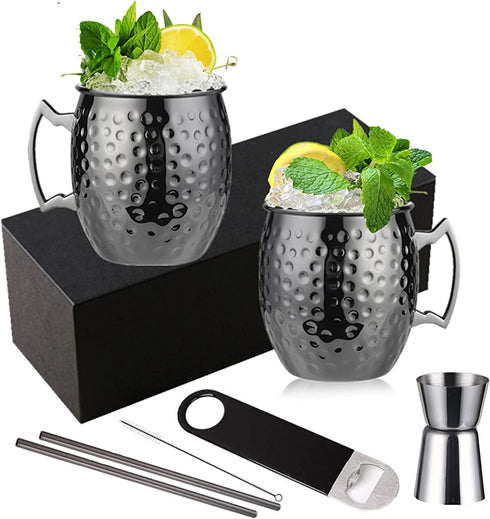 Moscow Mule Mugs Set of 2 - Black Plated Hammered Mugs 18 oz/ 550ml With Brass Handle and Stainless, Unlined Cups For Moscow Mule Cocktails and other Chilled Drinks (Black) SC020