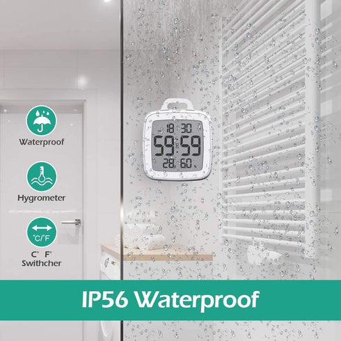 Number-one Shower Clock Digital Bathroom Countdown Clock Battery Operated Kitchen Wall Timer Clock, Waterproof for Water Spray, Large LCD Screen, Temperature Humidity Display for Shower Cooking, White