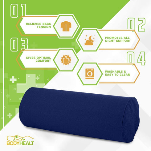 BodyHealt Roll Pillow, Bolster Pillow - Round Pillow with Extra Firm Density. Round Neck Pillow for Spine & Neck Support. Lumbar Roll, Cylinder Pillows for Lumbar Support. Cervical Roll (5X12" Navy)