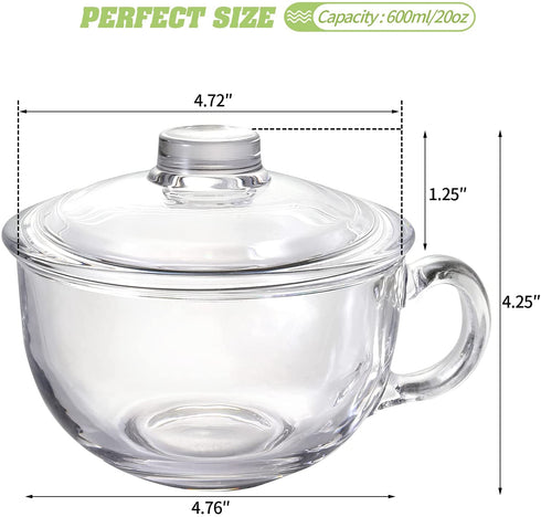 Glass Cereal Bowl Glass Soup Bowl with Handle , Clear Small Bowls with Glass Lid Oatmeal Breakfast Bowls Microwave Safe Glassware Yogurt Bowl for Dessert Pasta Rice,600ml/20 oz