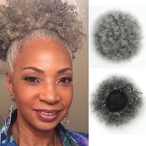 THEMIS HAIR Afro Puff Drawstring Ponytail For Black Women , High Puff Drawstring Short Ponytail Bun For Natural Hair , Afro Kinky Curly Ponytail Hairpieces With Clip In Color Smoky Gray