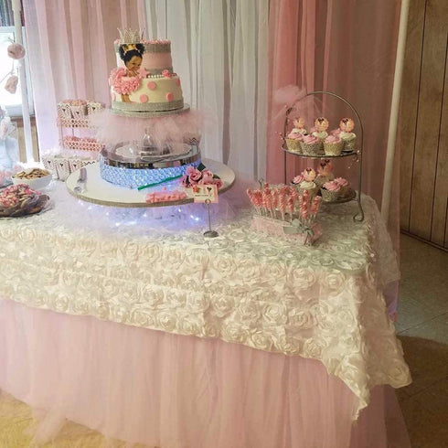 Rosette Tablecloth 50x102 Inches Satin Raised Rosettes Ivory Rectangle 3D Floral Tablecloth for Baby Shower Wedding Party Event Decoration