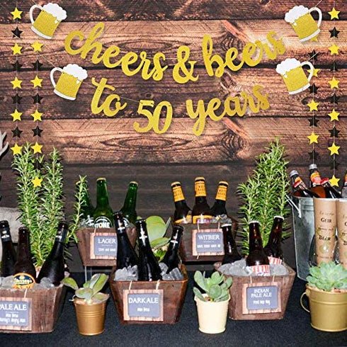 50th Birthday Decorations for Men / Women - 50th Birthday Gifts - Cheers & Beers to 50 Years Gold Glitter Banner - 50th Anniversary Decorations for Party, 50th Wedding Party Supplies for Couple