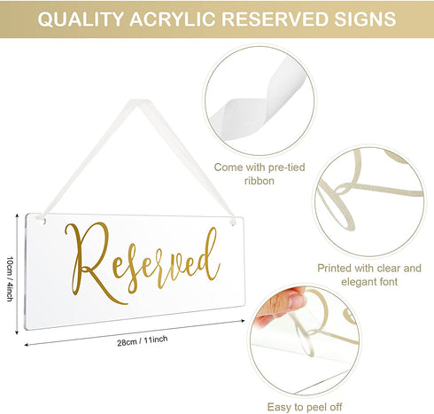 6 Pieces Reserved Signs for Wedding Chairs Reserved Chair Signs Reserved Hanging Sign Reserved Signs for Wedding Reserved Seating Signs for Chairs Acrylic Handmade Elegant Seat Signs with Ribbon