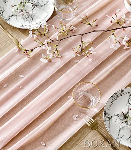 BOXAN Gorgeous Blush Peach Sheer Table Runner 30x120 Inch for Light Peach Romantic Wedding Decor, Bridal & Baby Shower, Birthday Party, Boho Christmas Party Table Decoration