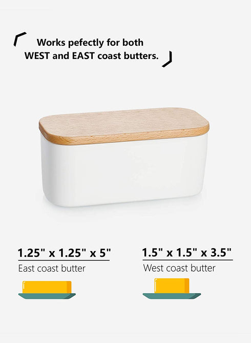 Sweese 325.101 Small Butter Dish - Airtight Butter Keeper Holds Up to 1 Sticks of Butter - Porcelain Container with Beech Wooden Lid, White