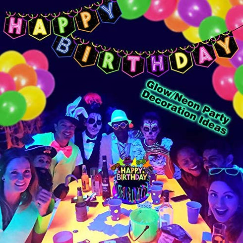Glow Birthday Party Decoration Set Glow In The Dark Happy Birthday Banner Neon Cake Cupcake Topper Teenager B-Day Party At Night Balloons Ideas Favors Supplies