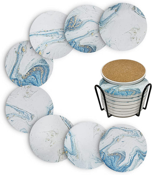 Coasters for Drinks, Round Absorbent Ceramic Stone Coasters Set of 8 with Cork Base, Funny Drink Coasters with Holder for Cold Drinks Wine Mugs and Cups Tabletop Protection, 4 Inches,Teal Marble