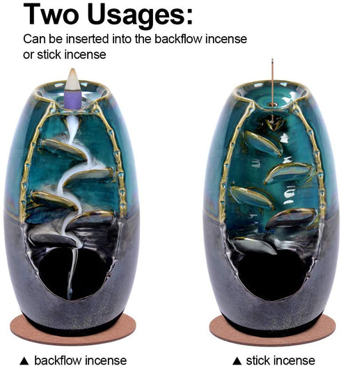 SPACEKEEPER Ceramic Backflow Incense Holder Incense Burner Waterfall, with 120 Backflow Incense Cones + 30 Incense Stick, Aromatherapy Ornament Home Decor, Blue Set