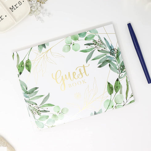 bloom daily planners Wedding Guest Book (120 Pages) Guest Sign-in Book Guest Registry Guestbook - White Cover with Gold Foil, Gilded Edges and Gold Page Marker Hardbound 7" x 9" (Eucalyptus)