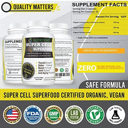 O NUTRITIONS Certified Organic Sea Moss, Super Cell Superfood Made with Organic Irish Sea Moss, Bladderwrack and Burdock Root, Wildcrafted Sea Moss Capsules, Vegan Seamoss Pill (Super Cell Superfood)