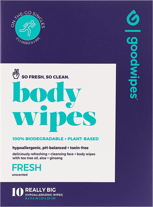 Goodwipes Really Big Body Wipes, Fresh Scent, Plant Based and Hypoallergenic, Wipe Away Sweat and Odor, for Face and Body, with Aloe and Ginseng (10 Count)