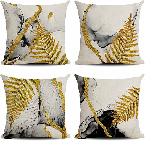 CARROLL Set of 4 Gold Leaf Black Ink Marble Pattern Home Decoration Pillow Cover Modern Square Sofa Cushion Cover 18x18 Inch