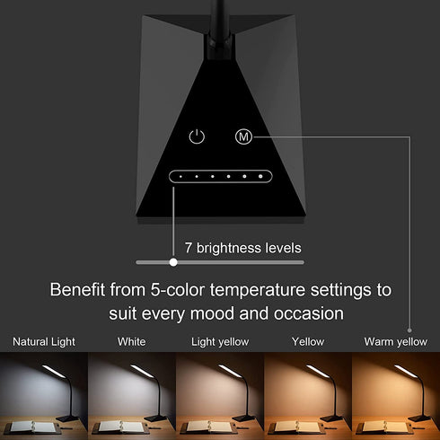 LED Desk Lamp, RAOYI 12W Dimmable Table Lamp Eye-Caring Reading Light with USB Charging Port, Touch Control, 5 Lighting Modes and 7-Level Brightness for Home Office Bedrooms (Black)