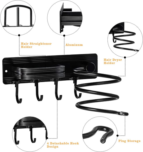 Hair Dryer Holder Wall Mount, Bathroom & Bedroom Hair Care Styling Tools Organizer for Flat Iron, Curling Wand, Hair Straightener