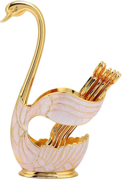 Metal Coffee Dessert Spoon Set, Fruit Dessert Flatware Swan Base Holder Spoon Organizer with 6pcs Coffee Dessert Sugar Ice Cream Spoon (Gold)