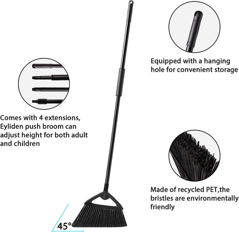 Eyliden Outdoor Broom Commercial Heavy-Duty with Long Handle Rough Surface Angle Brooms for Garages Courtyard Sidewalks Decks Perfect for Indoor Kitchen Room Office Lobby Sweeping (Black Broom)