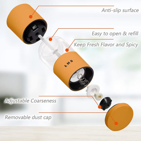 LHS Premium Salt and Pepper Grinder Set, Stainless Steel Salt Pepper Shakers Set, Refillable Refillable Spice Mills with Adjustable Coarseness for Kitchen Use - 4.6 Inches(Set of 2, Blue & Orange)