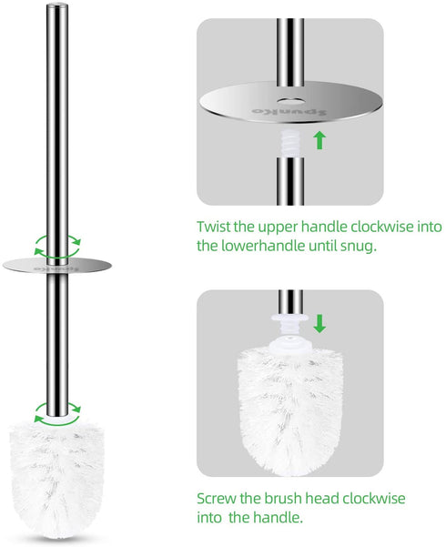 SpunKo Toilet Brush and Holder Set, 2 Pack WC Toilet Bowl Brush Cleaner with 304 Stainless Steel Long Handle, Toilet Scrubber Brush for Commercial Bathroom Restroom Deep Cleaning (White-2 Pack)